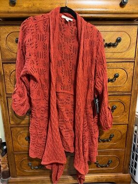 Woman Within Open-Front Pointelle Waterfall Cardigan - Rust Orange Red